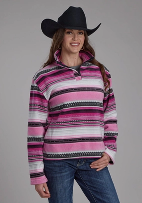 Anti Pilling Fabric Roper Womens Aztec Stripe Pink/Purple 100% Polyester Fleece Jacket