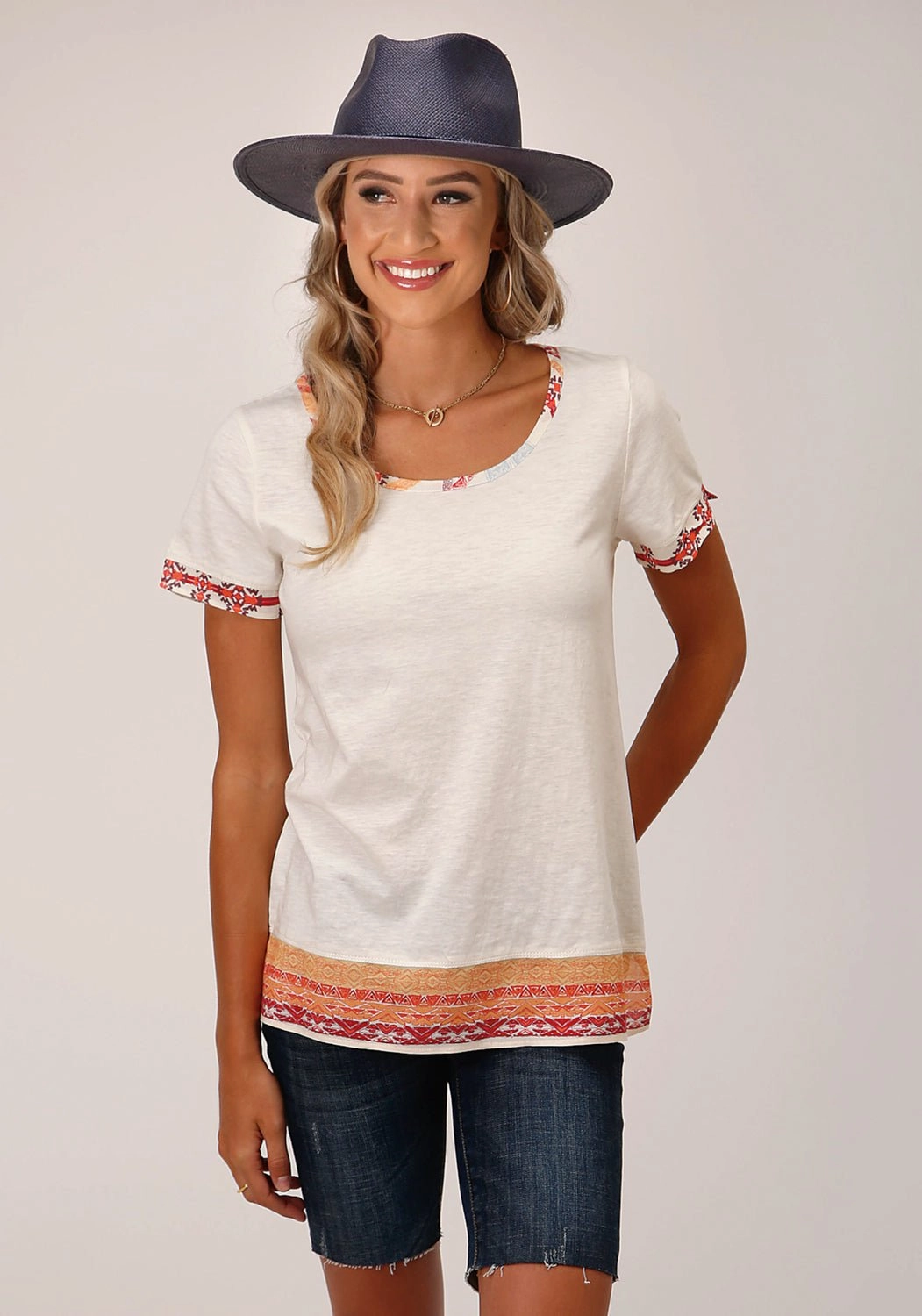 Bamboo Fiber Blend Versatile Outfit Roper Womens Aztec Texture Cream 100% Cotton S/S T-Shirt