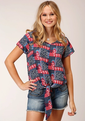 Roper Womens Bandana Print Red 100% Rayon S/S Blouse Cocktail Party