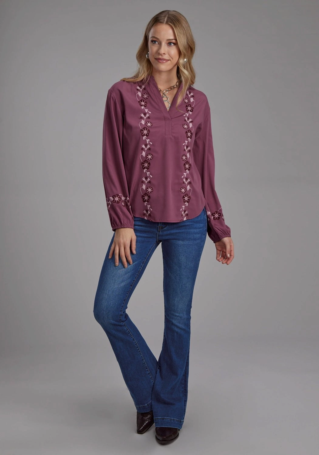 Roper Womens Banded Color Floral Mauve 100% Polyester L/S Blouse High-Quality Craftsmanship Errand Ready