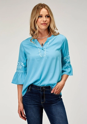 Roper Womens Bell Sleeve Embroidery Blue 100% Polyester S/S Blouse Statement Piece Contrast Stitch