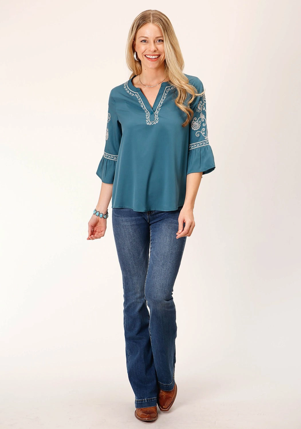 Professional Look Abrasion resistant Roper Womens Bell Sleeve Teal 100% Polyester S/S Blouse