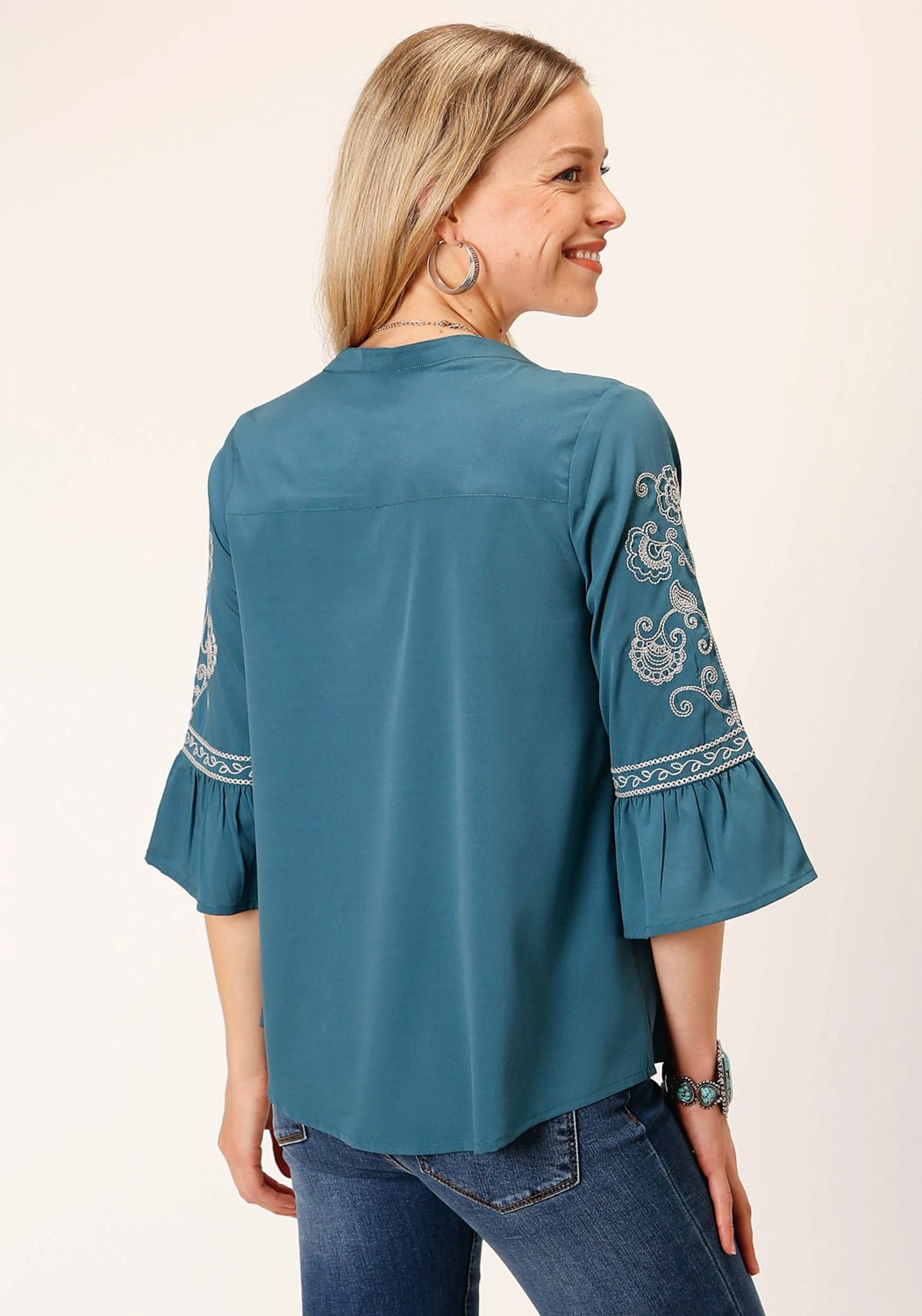 Roper Womens Bell Sleeve Teal 100% Polyester S/S Blouse Classic Color