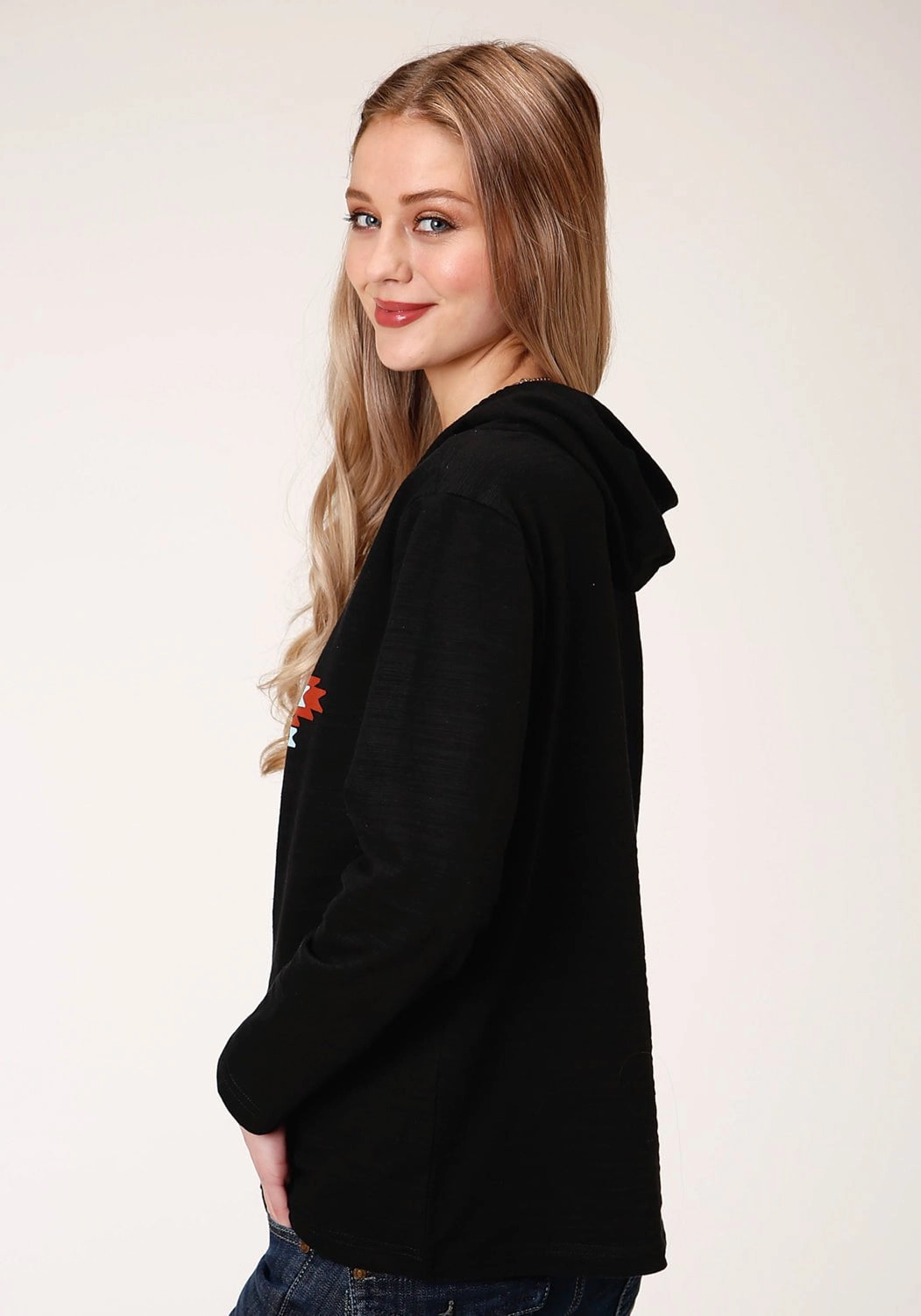 Roper Womens Black 100% Cotton Aztec Henley L/S Hoodie Winter Ready