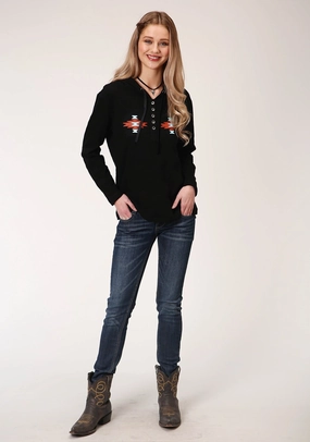 Roper Womens Black 100% Cotton Aztec Henley L/S Hoodie Warm Essentials Quick Release Fasteners