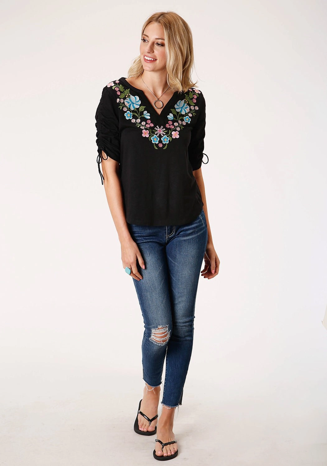 Multi Layer Stitching Roper Womens Black 100% Cotton Floral Crewel S/S Ties Tunic