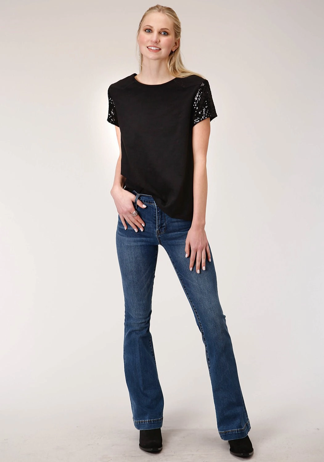 Casual Hangout Roper Womens Black 100% Cotton Western Swing S/S T-Shirt