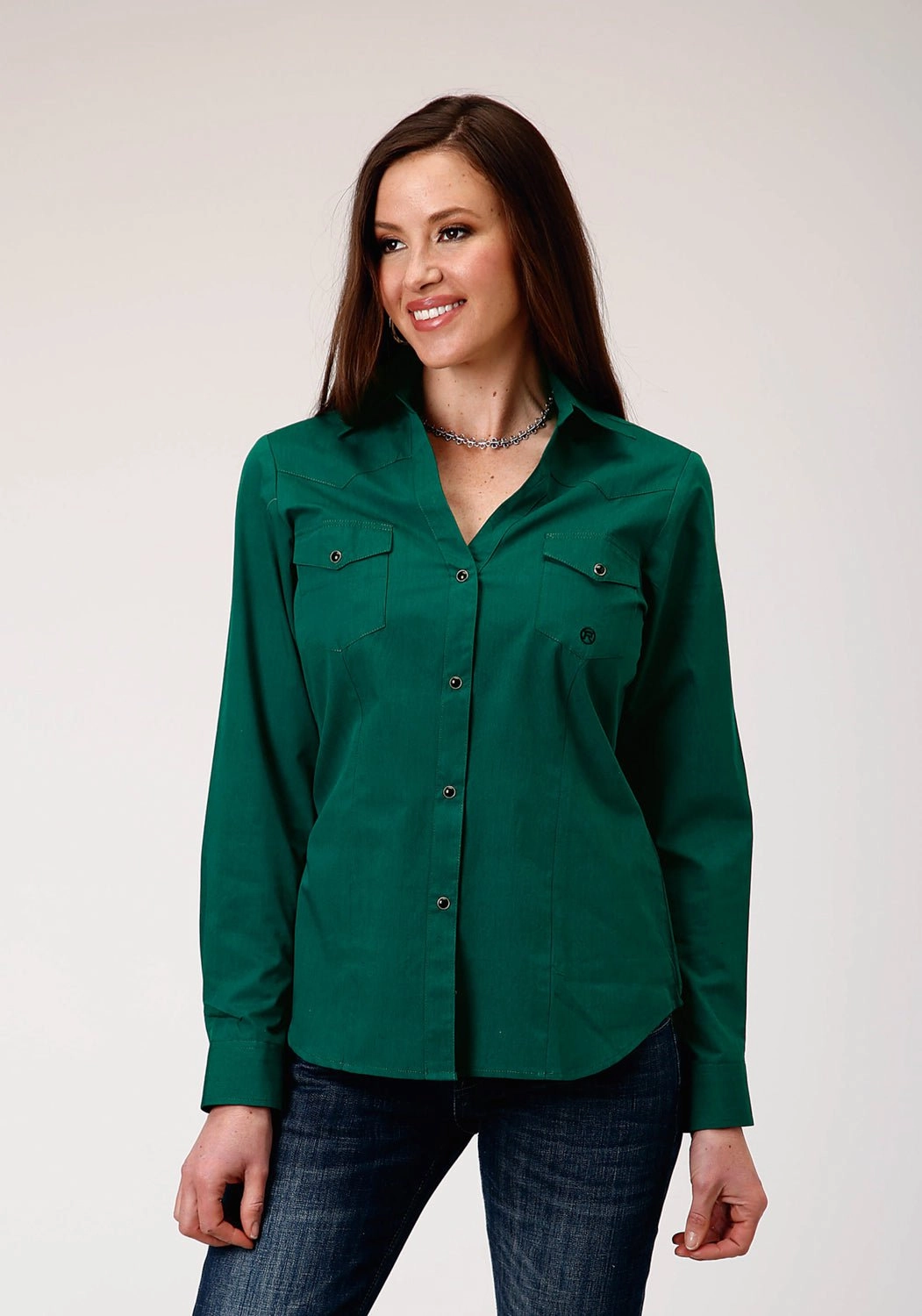 Thermoregulating Fabric Reinforced Seams Roper Womens Black Fill Solid Green 100% Cotton L/S Shirt