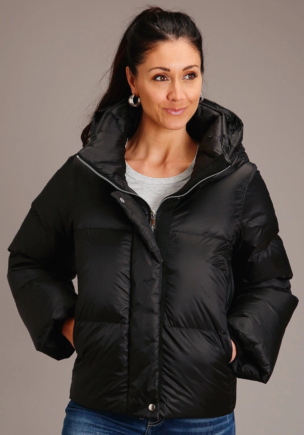 Roper Womens Black Nylon Hooded Down Puffer Coat Bonded Seam Technology Insulated Layer