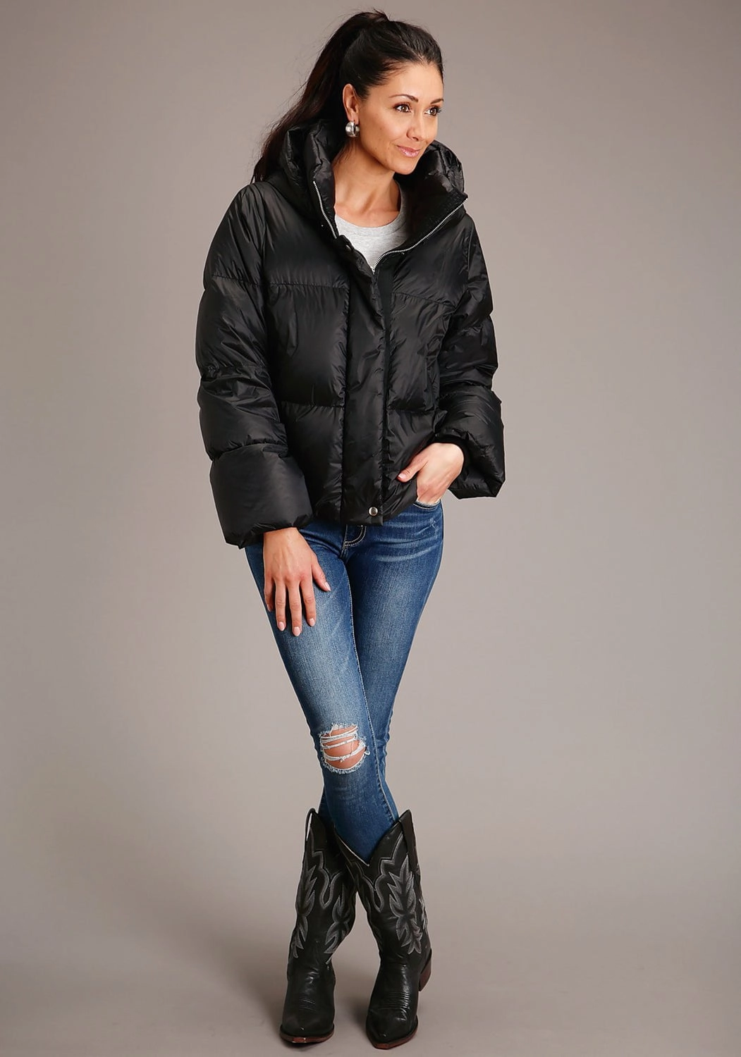 Roper Womens Black Nylon Hooded Down Puffer Coat Outdoor Adventure