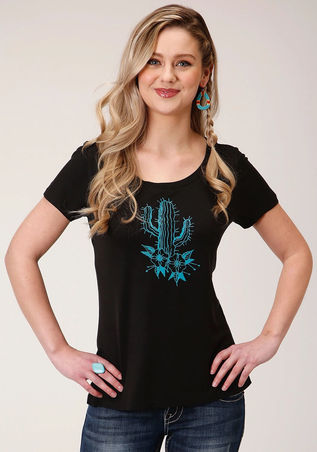 Roper Womens Black Poly/Rayon Blue Cactus S/S T-Shirt UV Protective Coating Low Maintenance