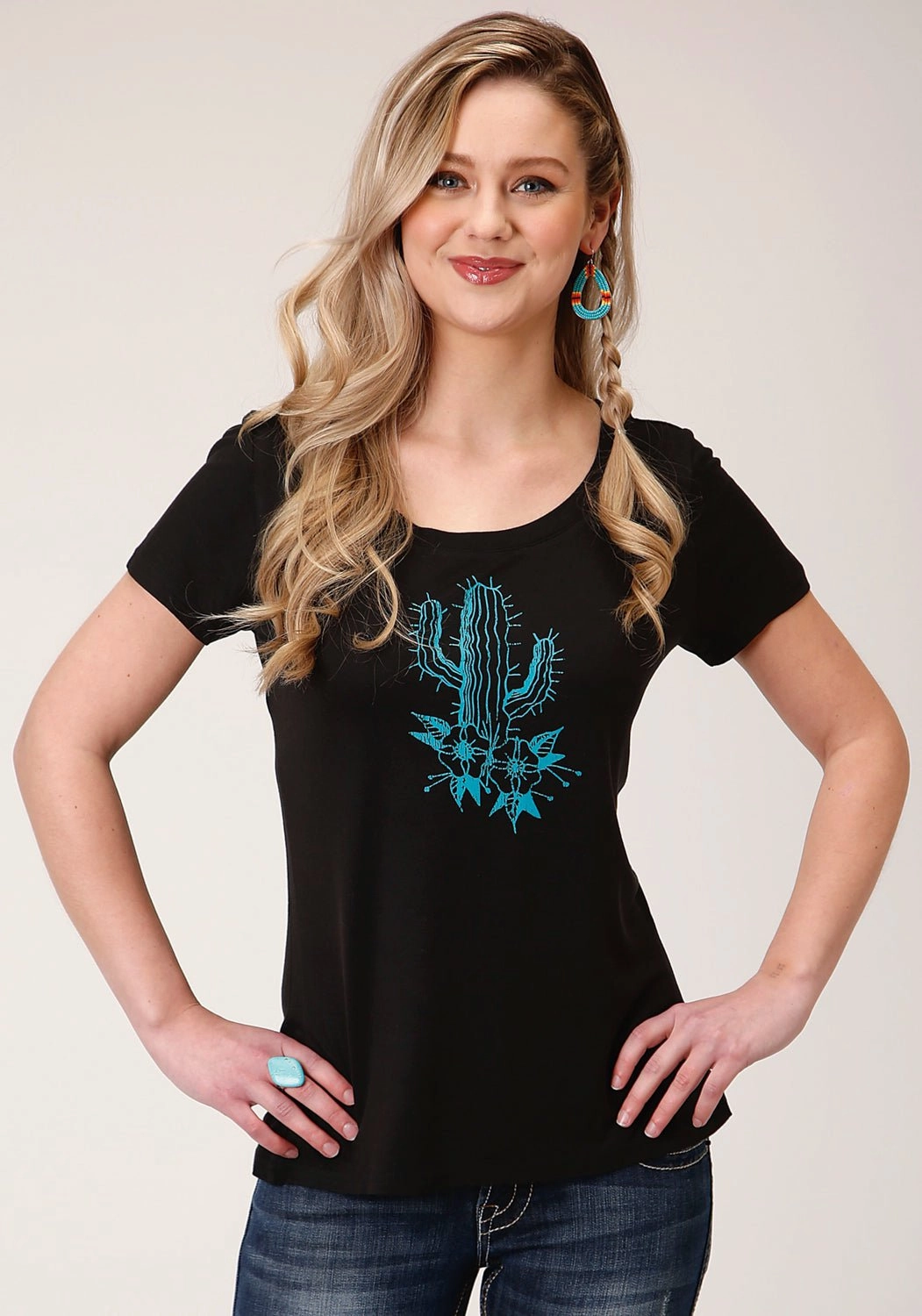 garden party Roper Womens Black Poly/Rayon Blue Cactus S/S T-Shirt