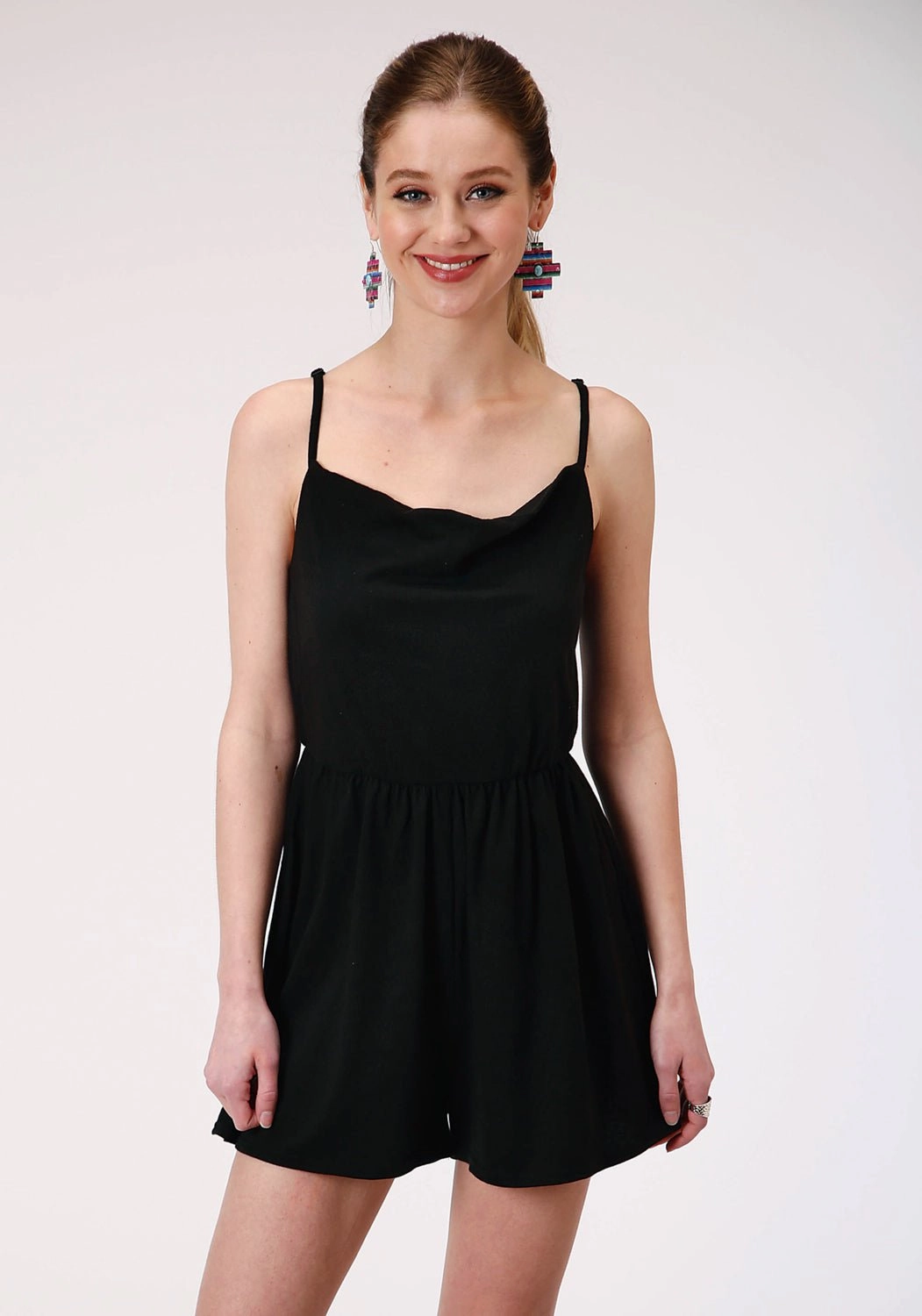 Roper Womens Black Poly/Rayon Strappy Romper S/L Jumper No Fuss Fit