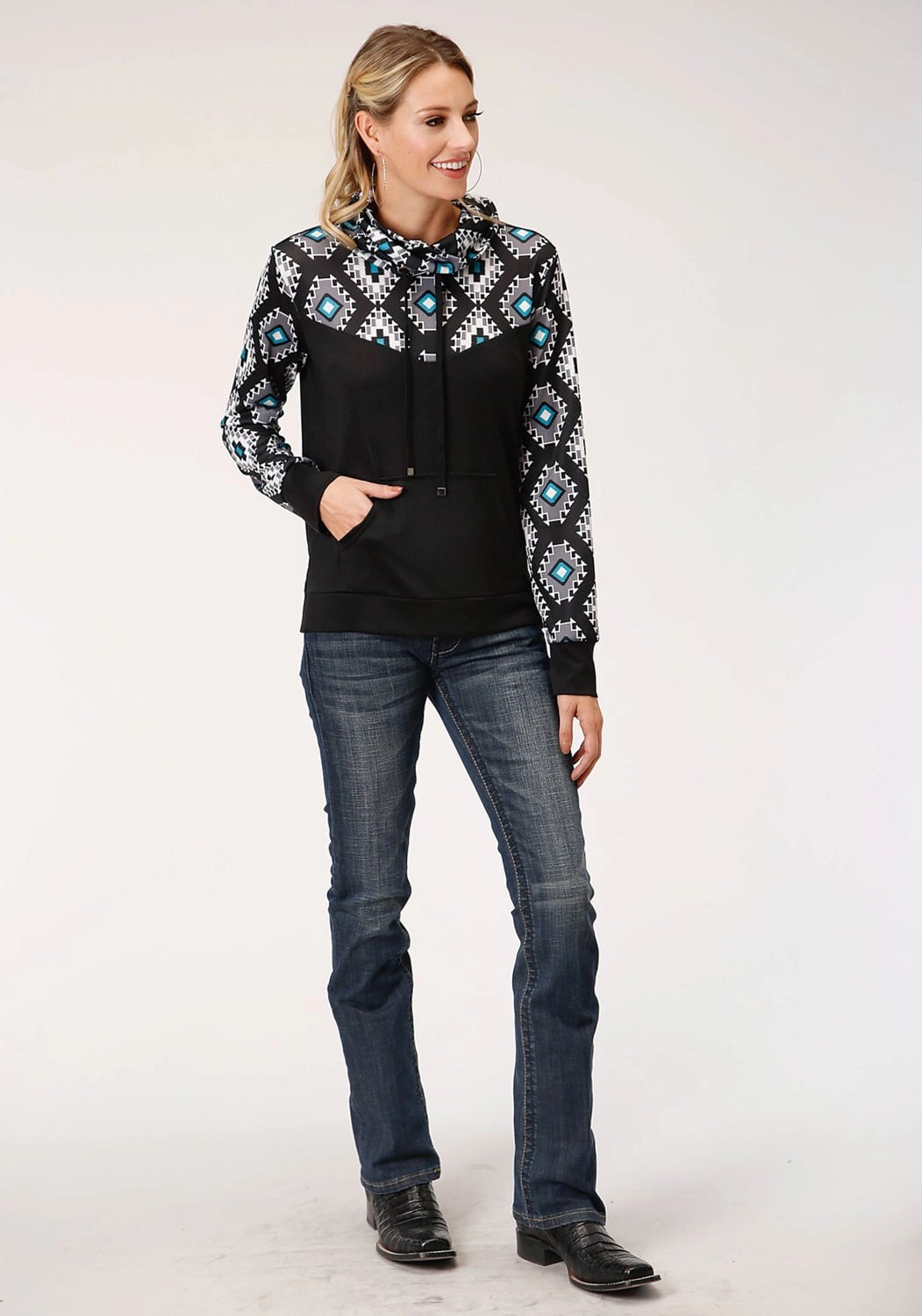 Roper Womens Black Polyester Cowl Neck Navajo Rug Hoodie Comfortable lining Ergonomic Tailoring