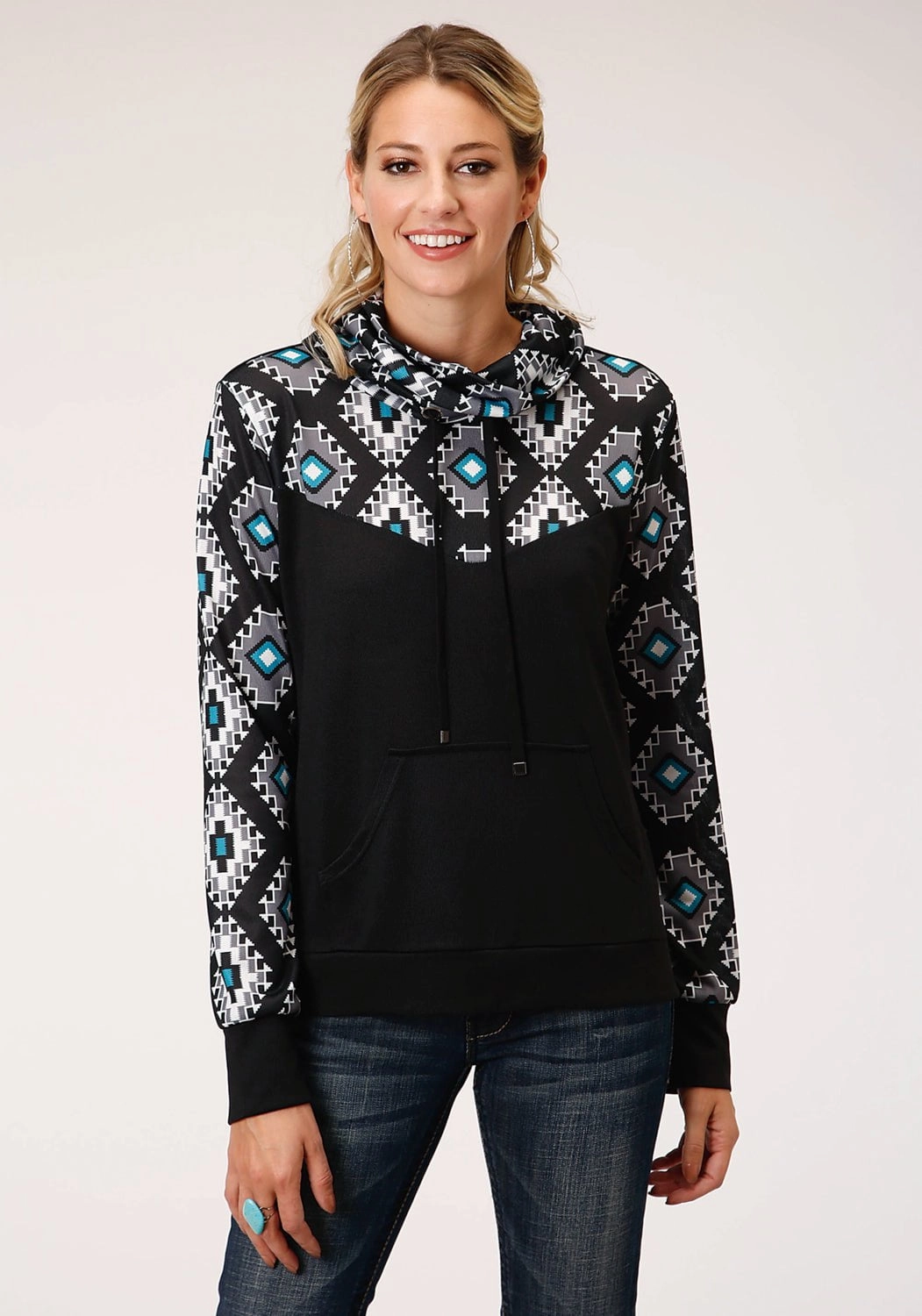 Roper Womens Black Polyester Cowl Neck Navajo Rug Hoodie Snuggly Design Comfort Layer