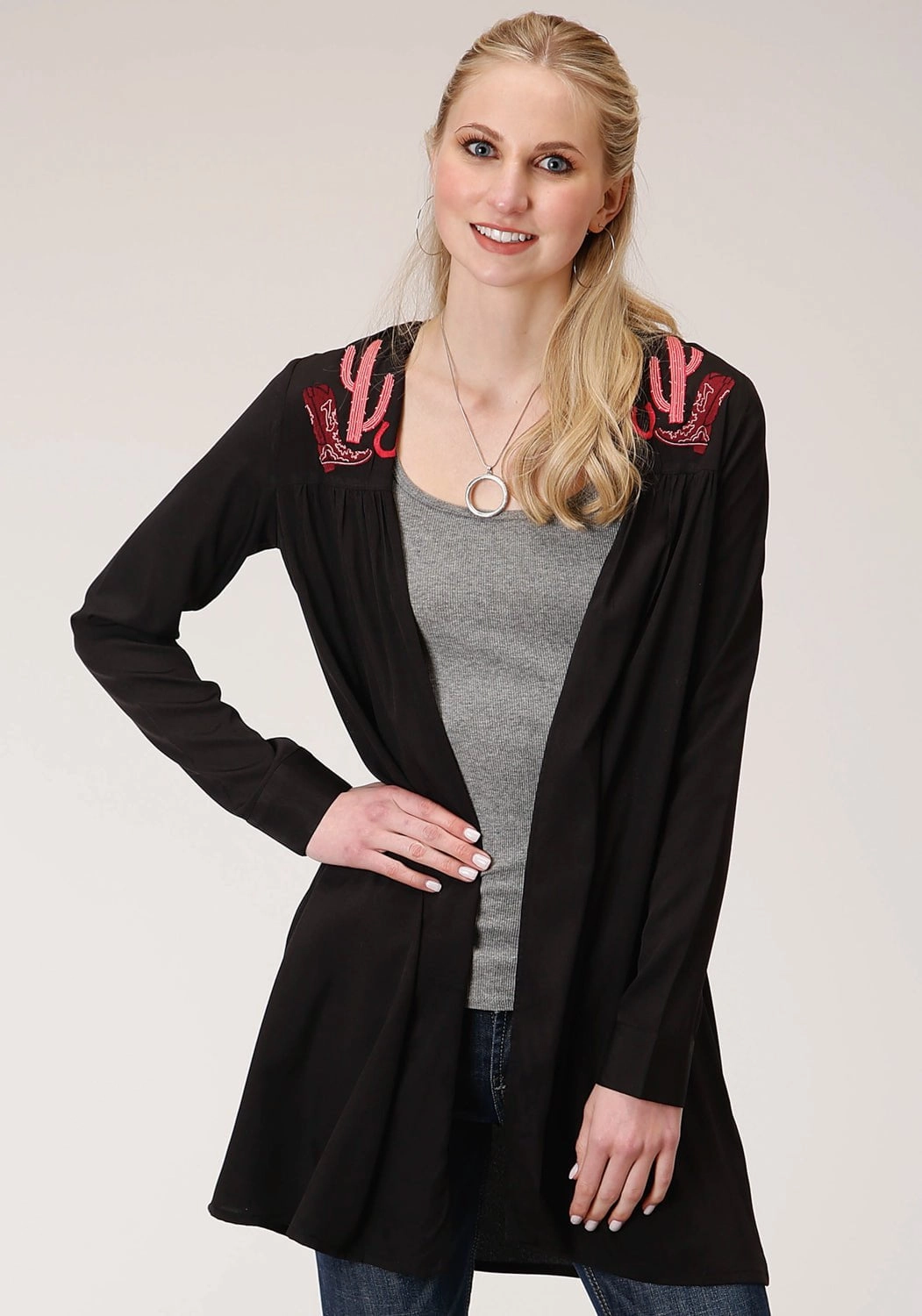 Roper Womens Black Polyester Pink Cactus Cardigan WaterRepellent Finish