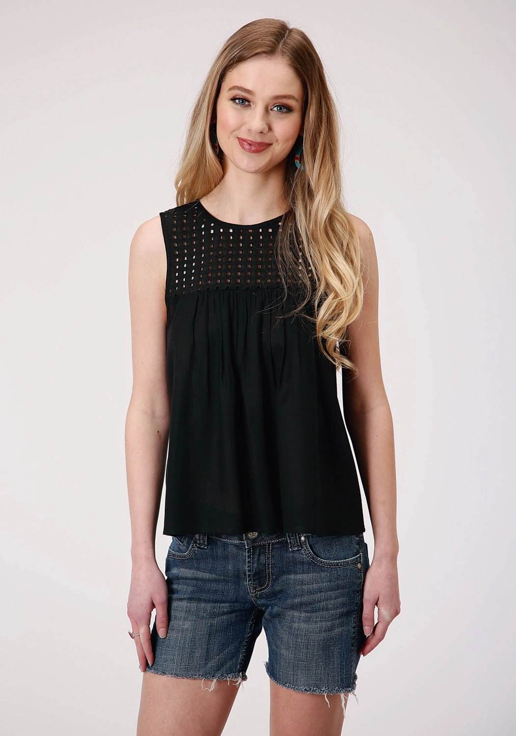 Roper Womens Black Rayon/Nylon Eyelet Bodice S/L Tank Top Modern Look