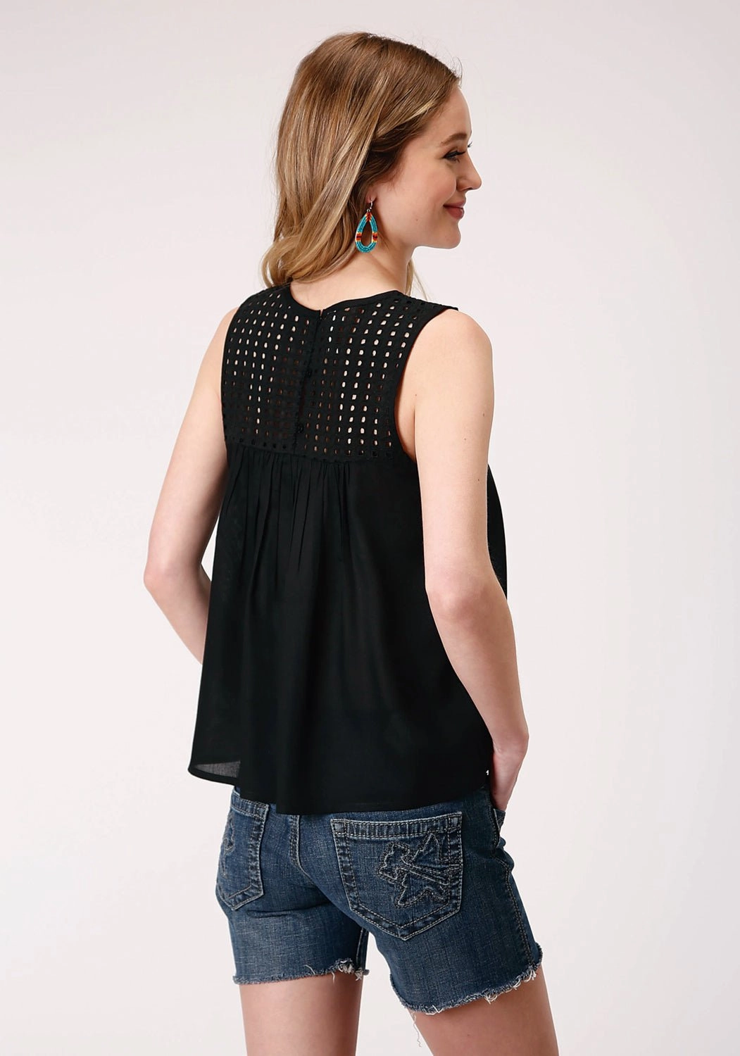 Weekend Outfit Denim Blend Roper Womens Black Rayon/Nylon Eyelet Bodice S/L Tank Top