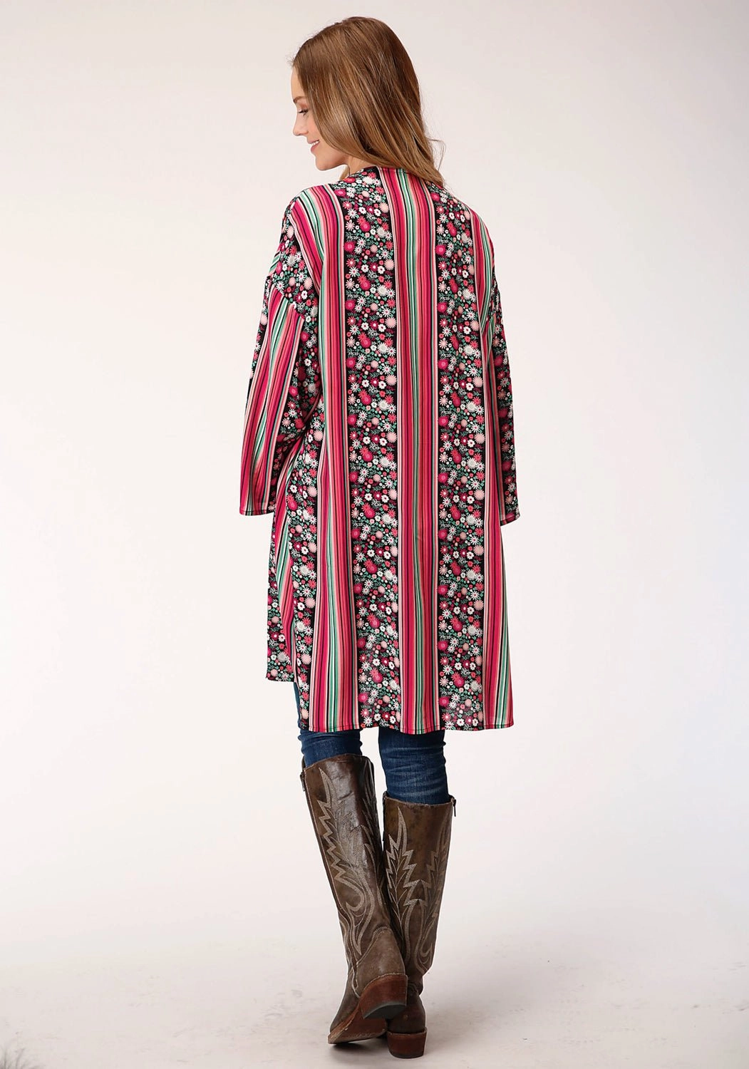 Roper Womens Black Rayon/Nylon Floral Stripe Cardigan Warmth Retention