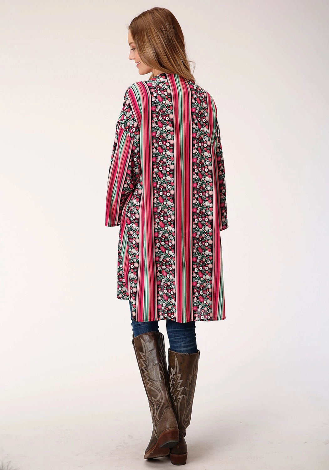 Soft Shell Roper Womens Black Rayon/Nylon Floral Stripe Cardigan