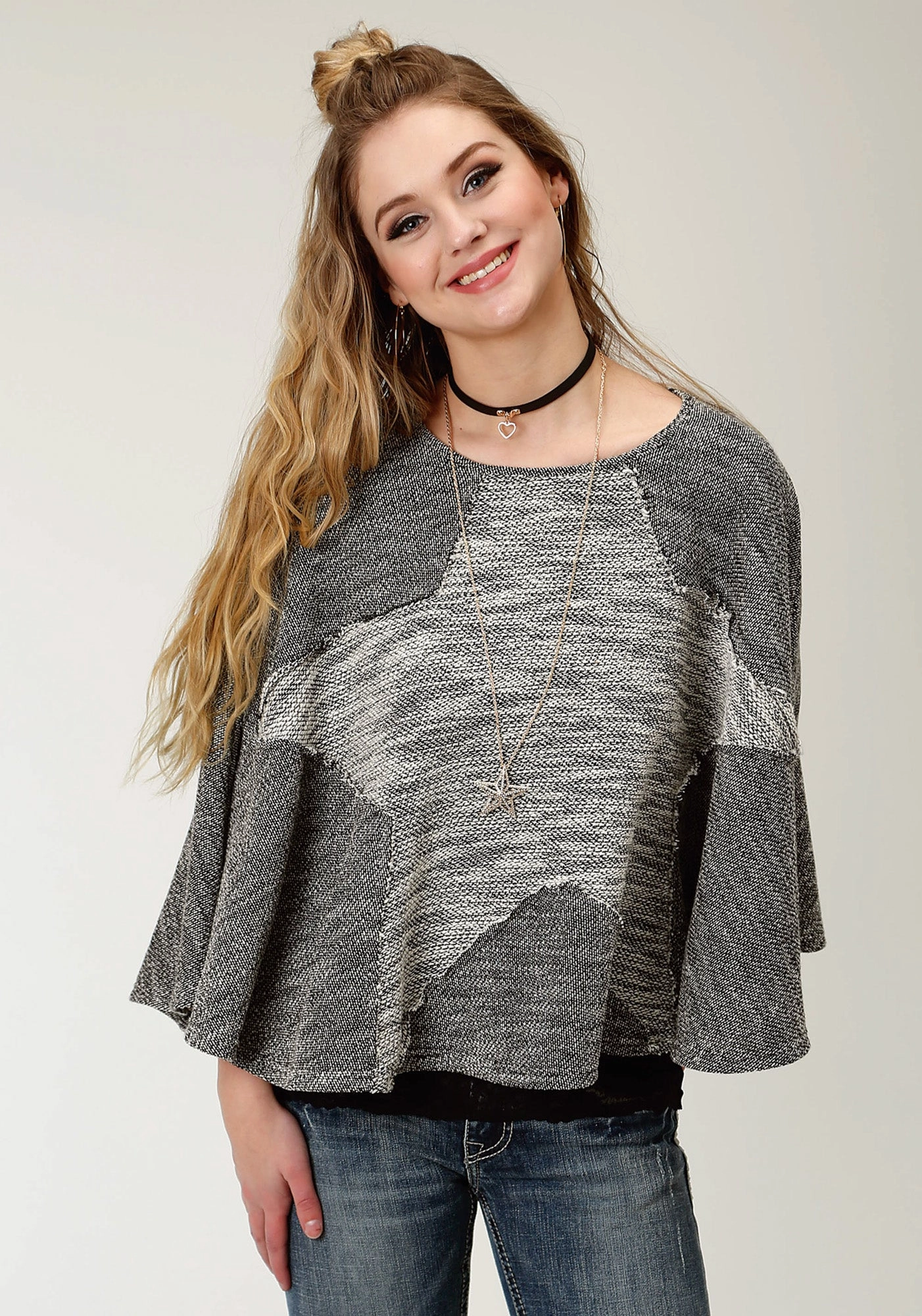Roper Womens Black/White 100% Cotton Star-Shaped Poncho Layered Warmth Cozy Vibe