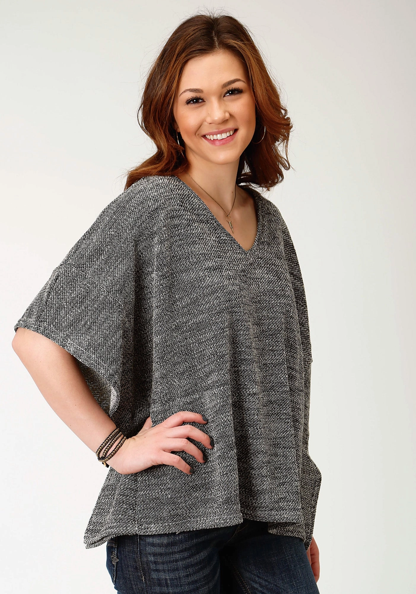 Layering Style Roper Womens Black/White Cotton Blend V-Neck Poncho Sweater