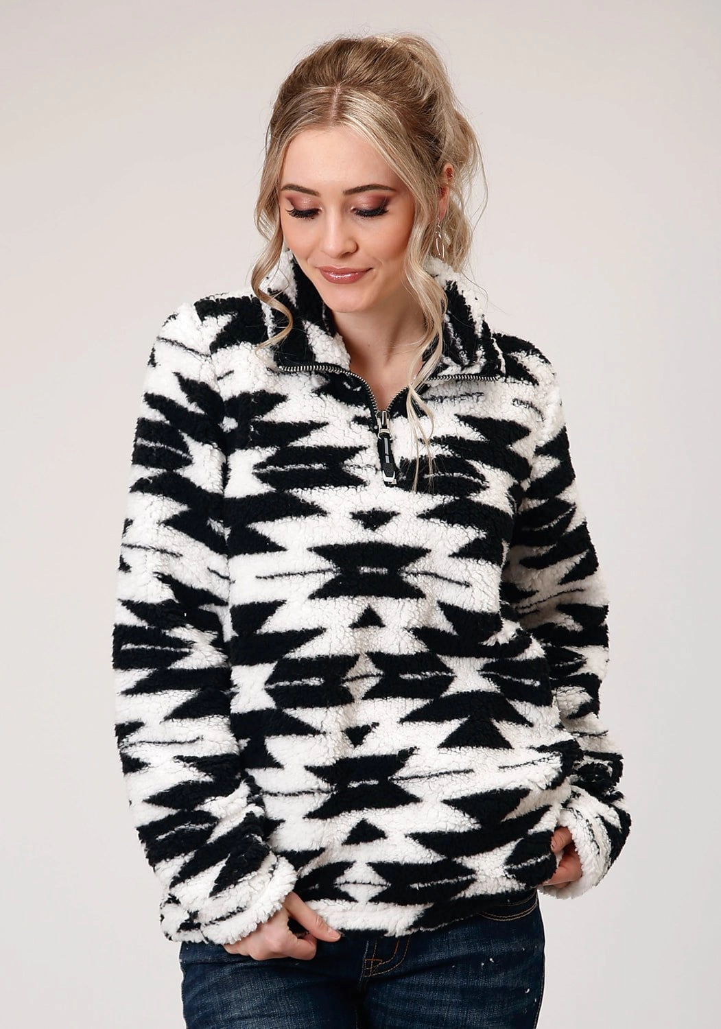Roper Womens Black/White Polyester Polar Fleece Aztec Jacket InterchangeablePanels