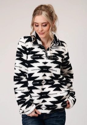 Button Fastenings Aramid Fiber Reinforcement Roper Womens Black/White Polyester Polar Fleece Aztec Jacket