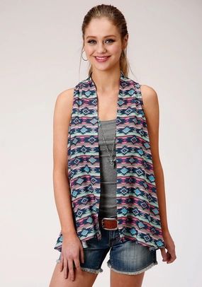 Effortless Look Roper Womens Blue/Pink Rayon/Nylon Aztec Cardigan