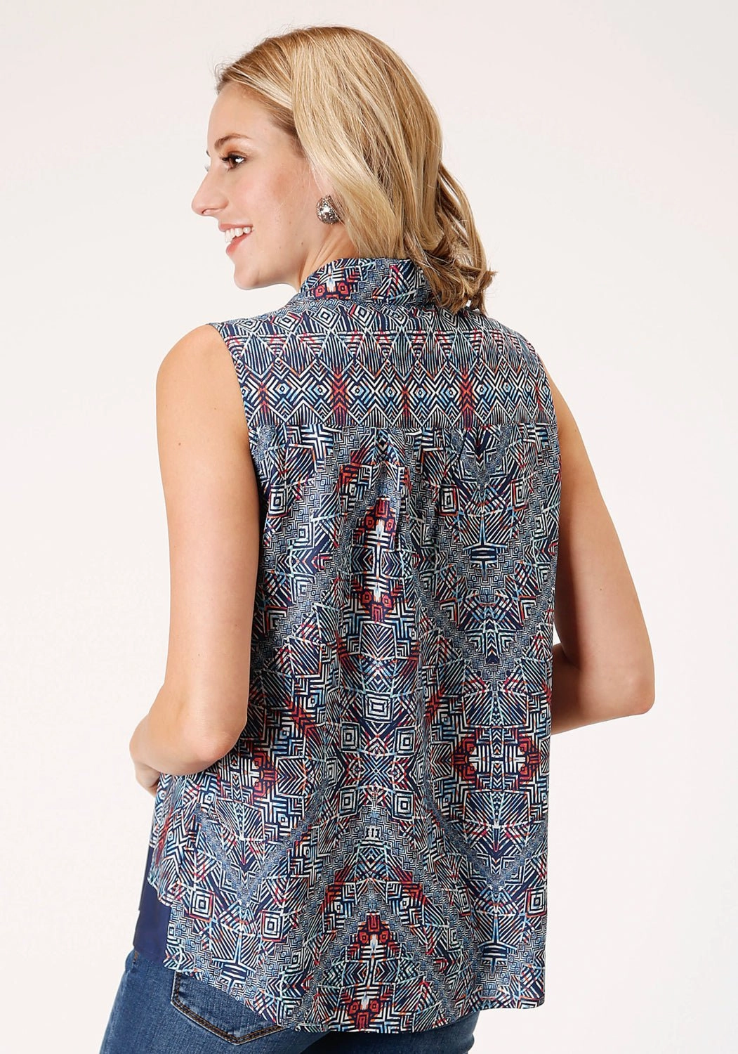 Roper Womens Blue Polyester Tribal Border S/L Blouse UV Protective Coating