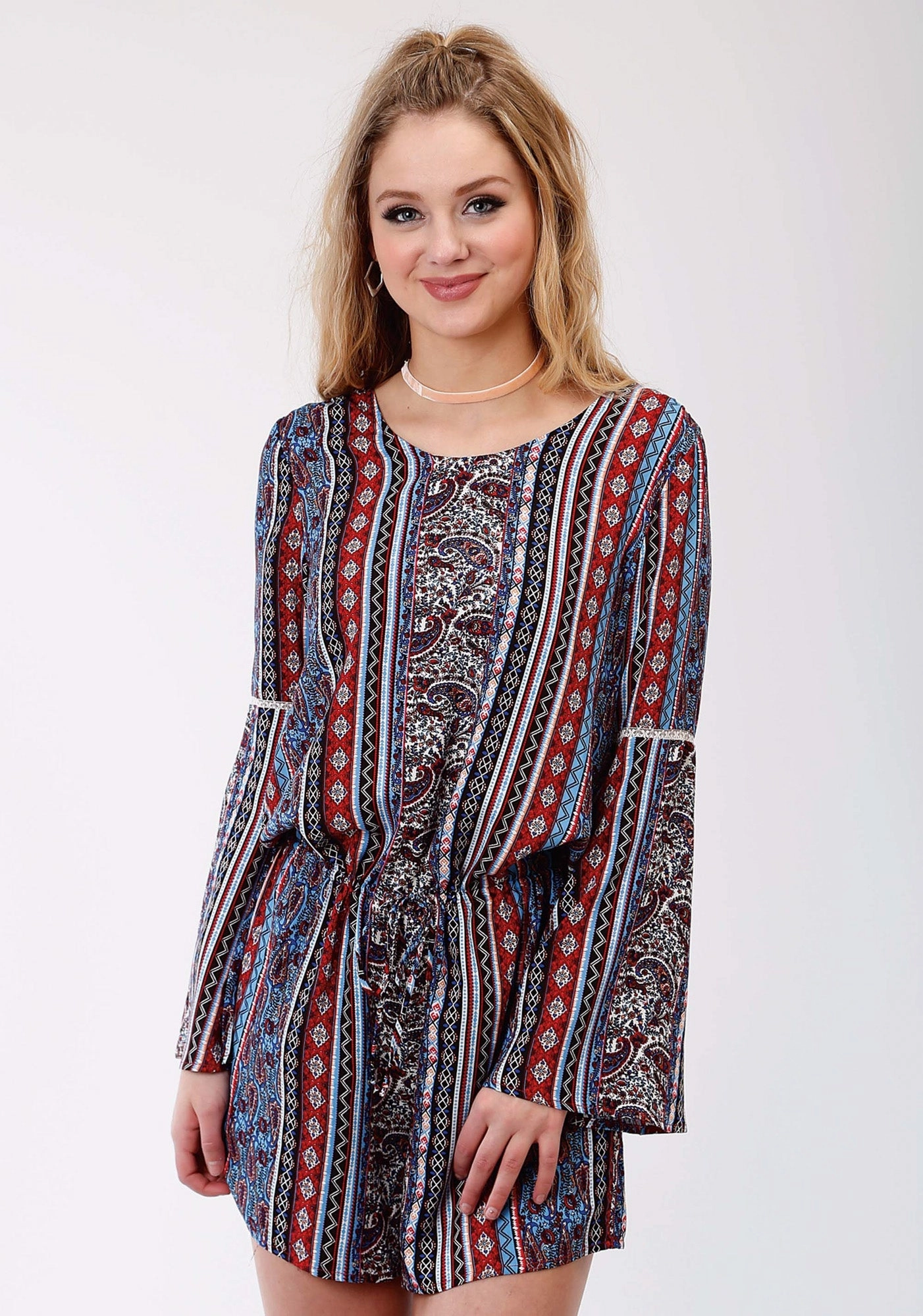 Music Event Picnic Style Waterless Wash Technology Roper Womens Blue Rayon/Nylon Paisley Stripe L/S Romper