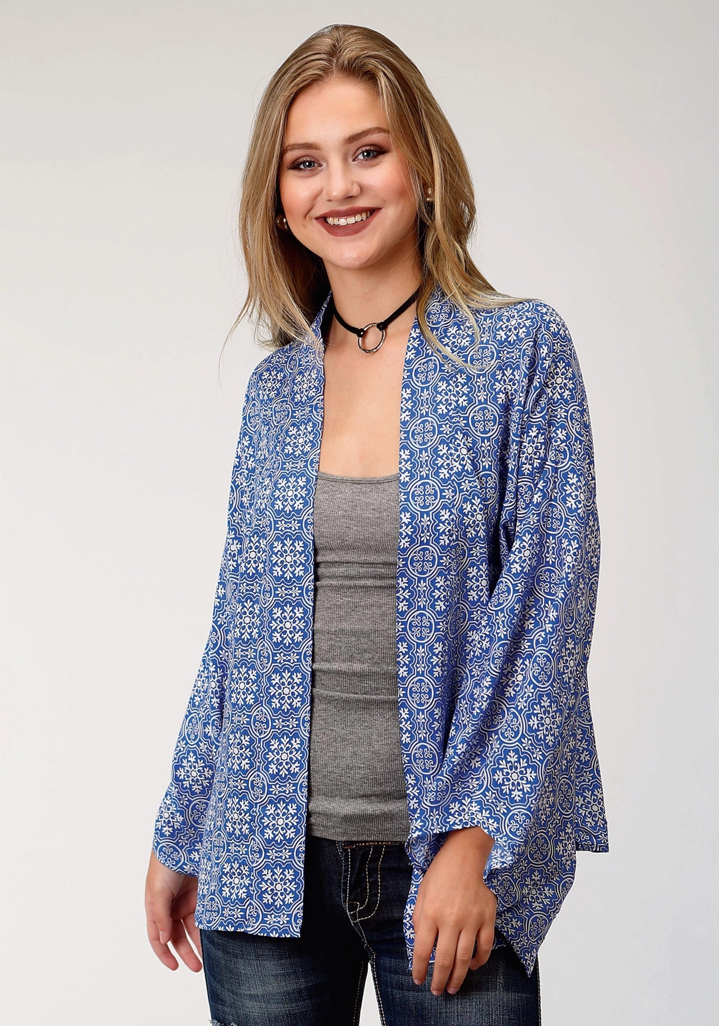 Heat Tech Fabric Roper Womens Blue Rayon/Nylon Tile Print Cardigan