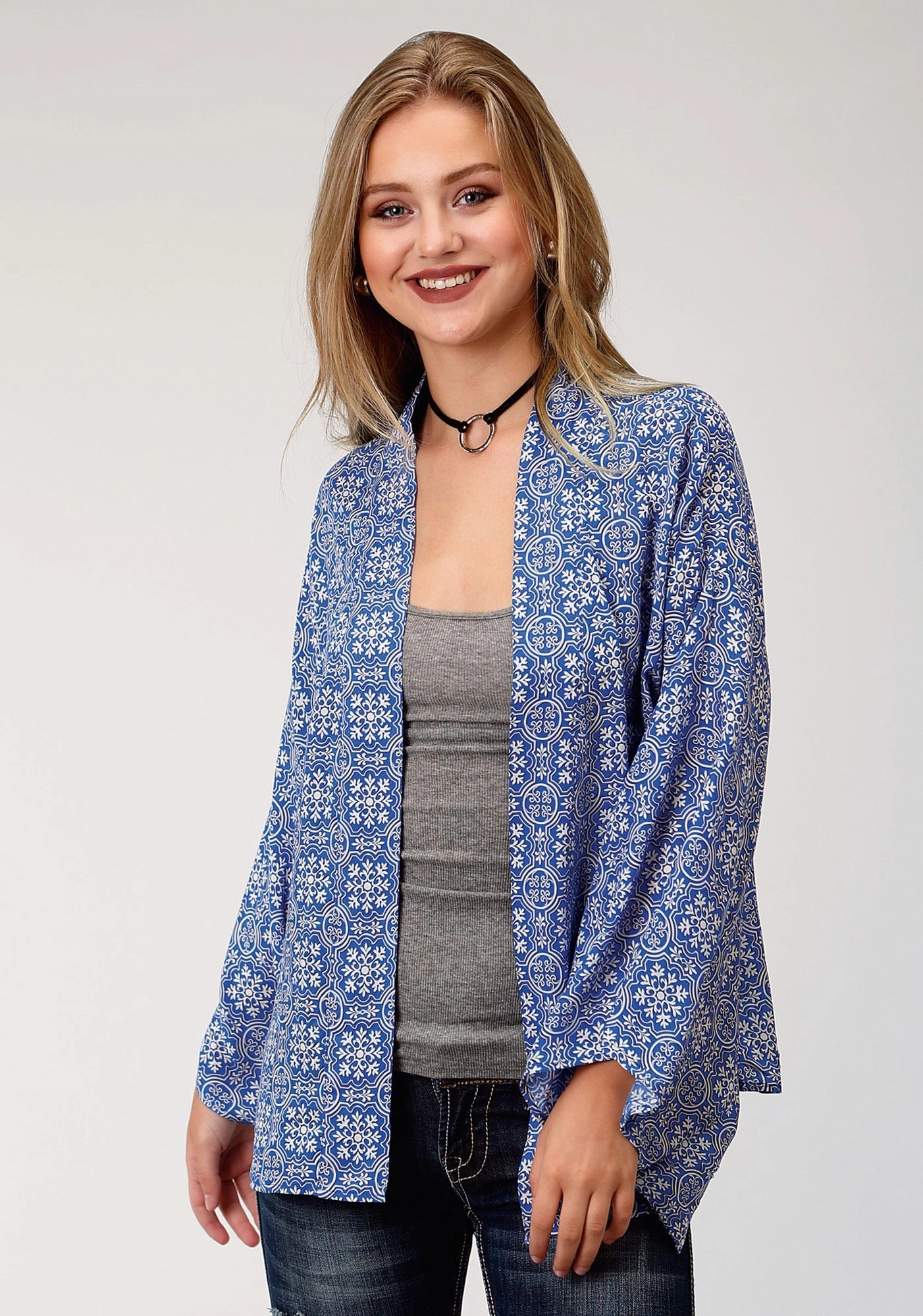 Roper Womens Blue Rayon/Nylon Tile Print Cardigan Soft Fabric Versatile Comfort