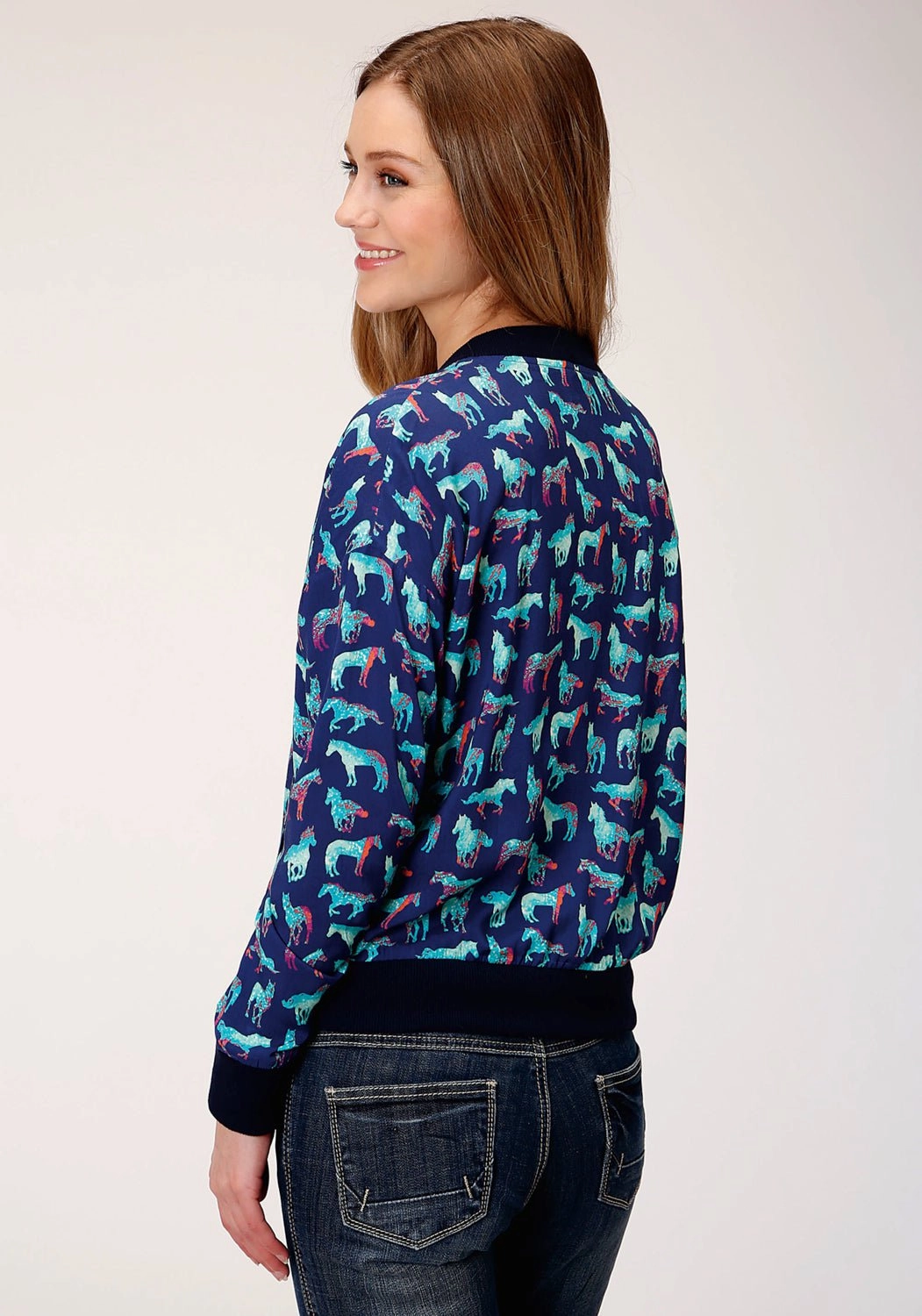 TemperatureRegulating Fabric Roper Womens Blue Rayon/Nylon Wild Horse Bomber Jacket