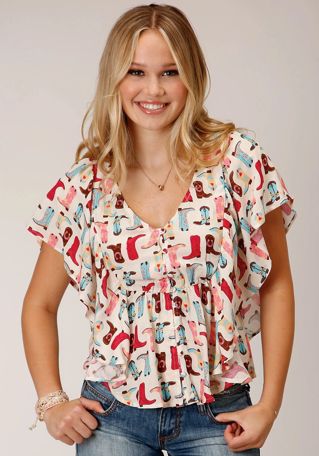 Fashion Statement Modern Look Roper Womens Boot Print Multi-Color 100% Rayon S/S Blouse