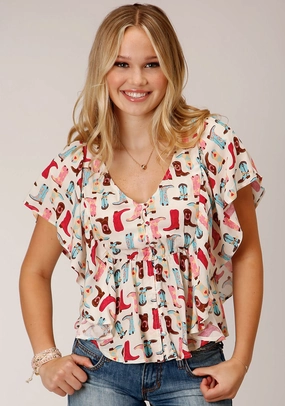 Contemporary Look Roper Womens Boot Print Multi-Color 100% Rayon S/S Blouse