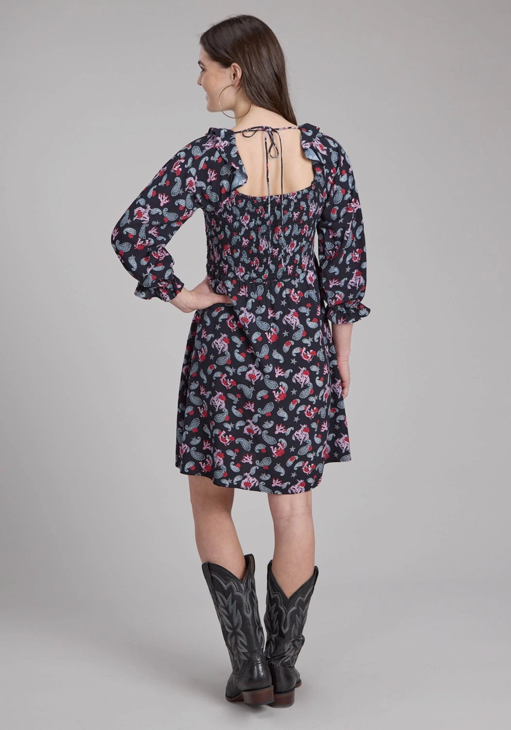 Roper Womens Bronc Riders Black 100% Rayon 3/4 Sleeve Dress Biodegradable Fabric