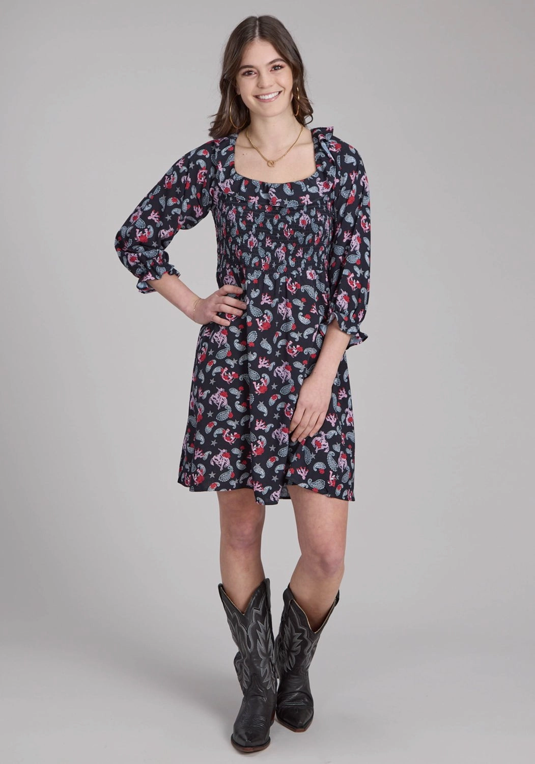 Worn In Weekend Ready Roper Womens Bronc Riders Black 100% Rayon 3/4 Sleeve Dress