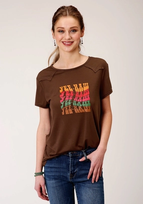Roper Womens Brown Poly/Rayon YeeHaw S/S T-Shirt Multipocket Style Moisture Wicking Material