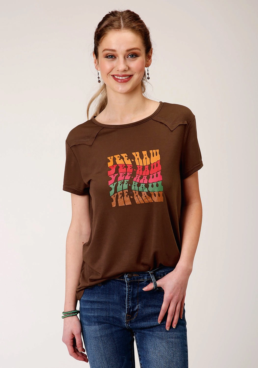 Roper Womens Brown Poly/Rayon YeeHaw S/S T-Shirt Cuffed hem Reinforced Side Vents