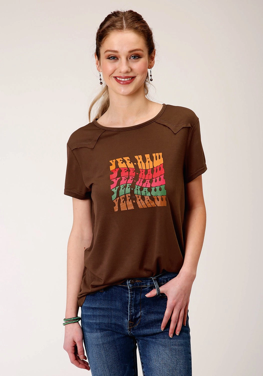 Anti Static Treatment Sophisticated Style Roper Womens Brown Poly/Rayon YeeHaw S/S T-Shirt