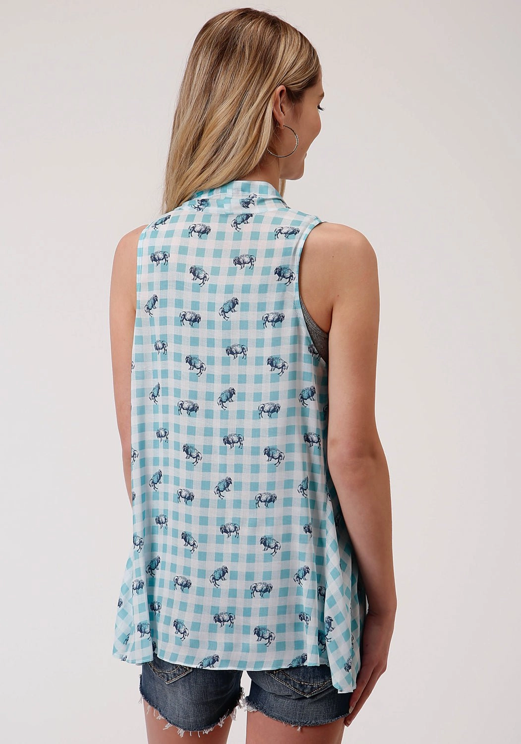 Thermal Core Technology Easy Care Machine Washable Roper Womens Buffalo Check Turquoise 100% Rayon Cardigan Sweater