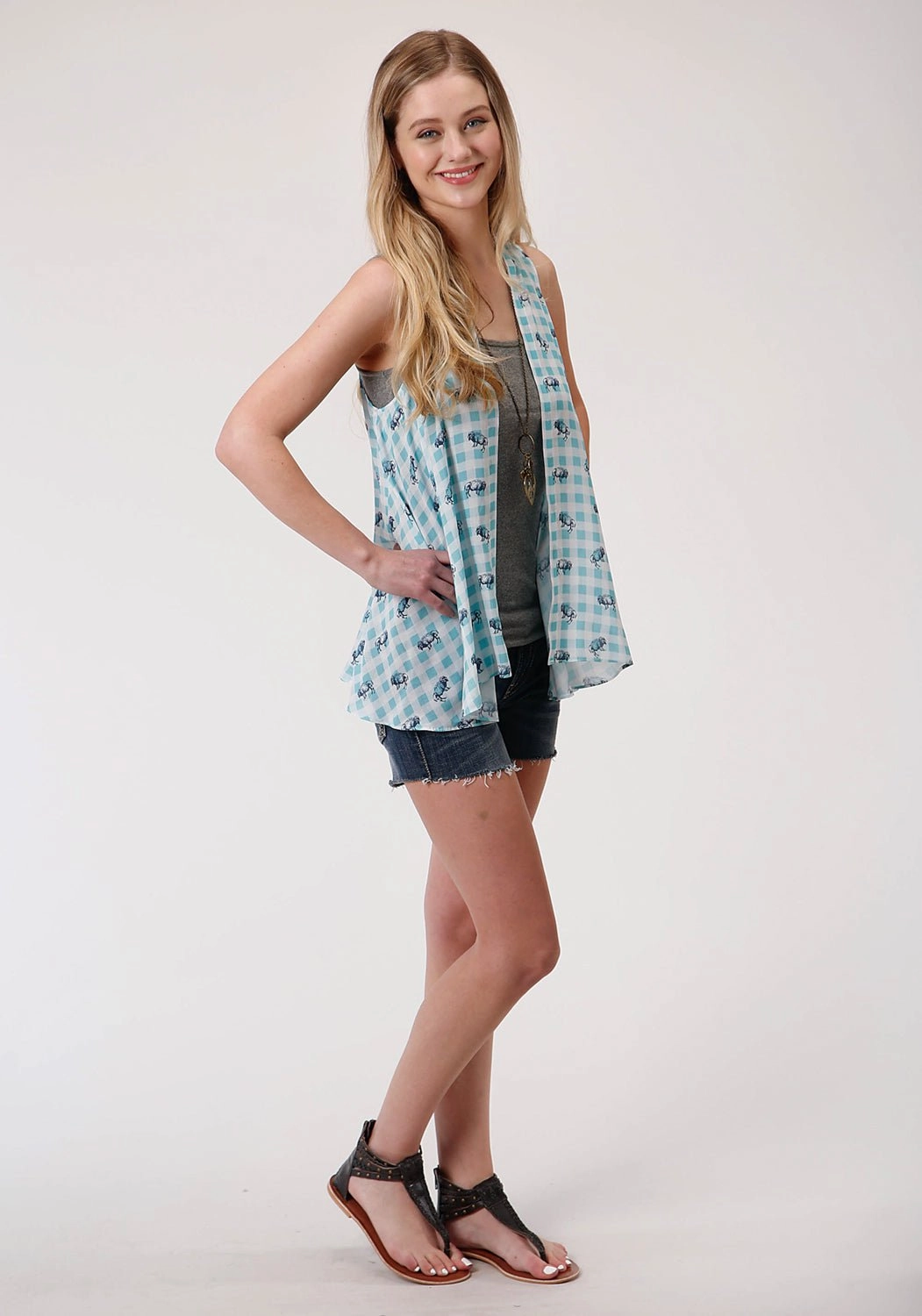 Roper Womens Buffalo Check Turquoise 100% Rayon Cardigan Sweater Sophisticated Knit Textured Knit