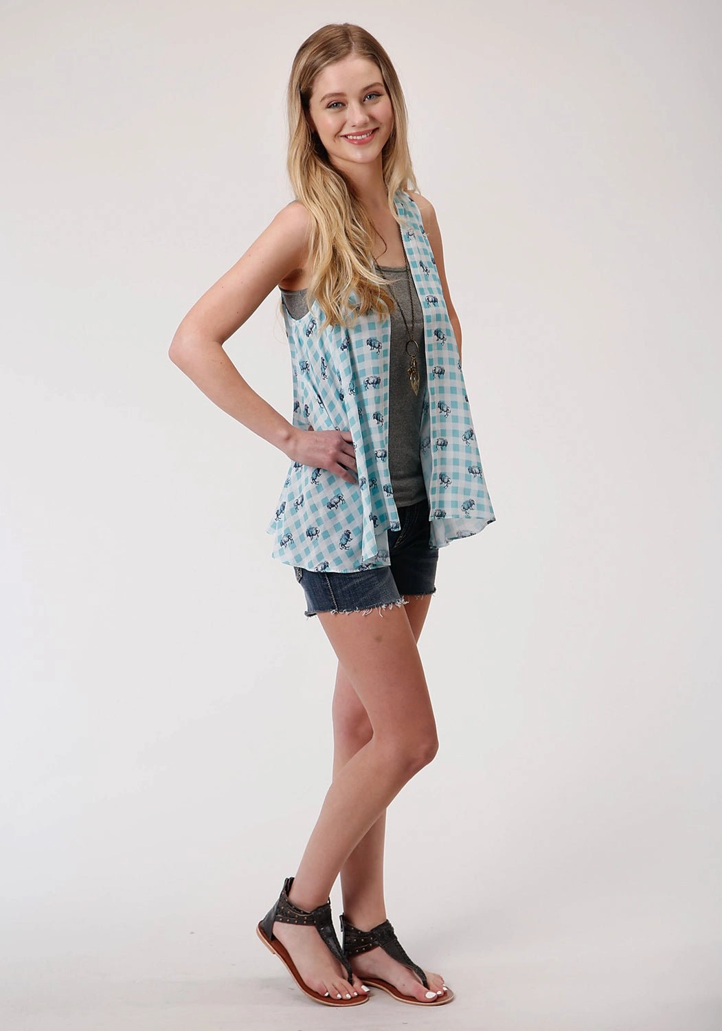 Roper Womens Buffalo Check Turquoise 100% Rayon Cardigan Sweater Flexible Comfort Casual Feel