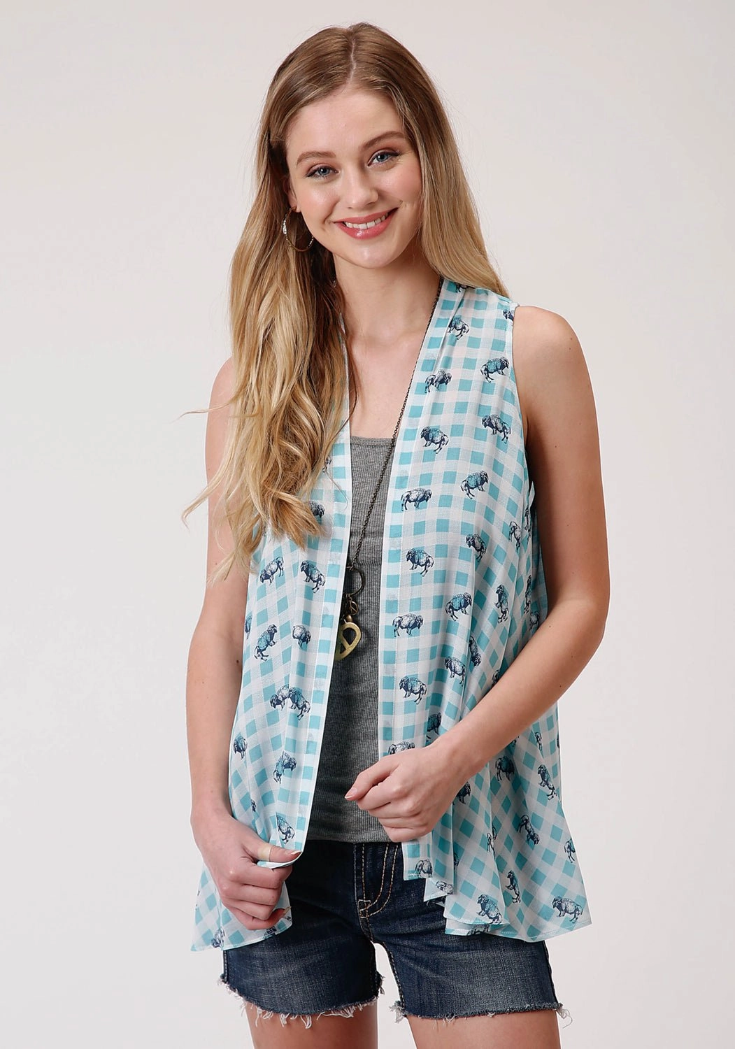 Roper Womens Buffalo Check Turquoise 100% Rayon Cardigan Sweater Weekend Casual Fit