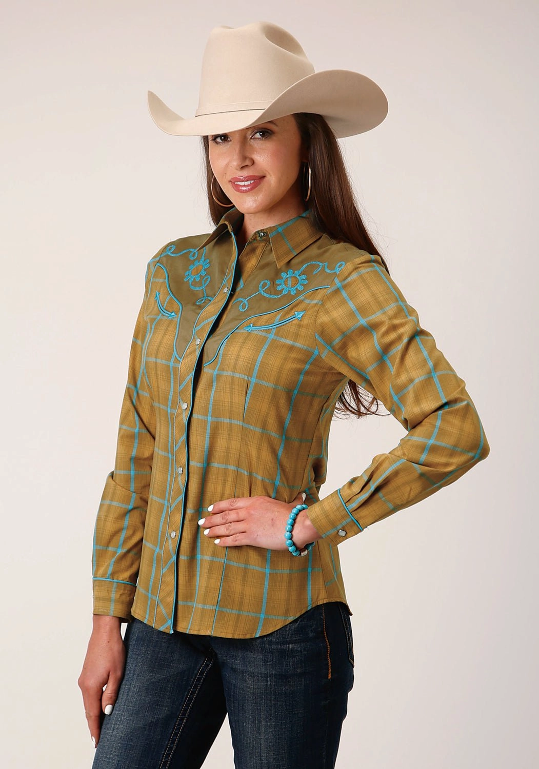 Roper Womens Butterscotch Plaid Yellow Cotton Blend L/S Shirt Beach Ready Limited Edition