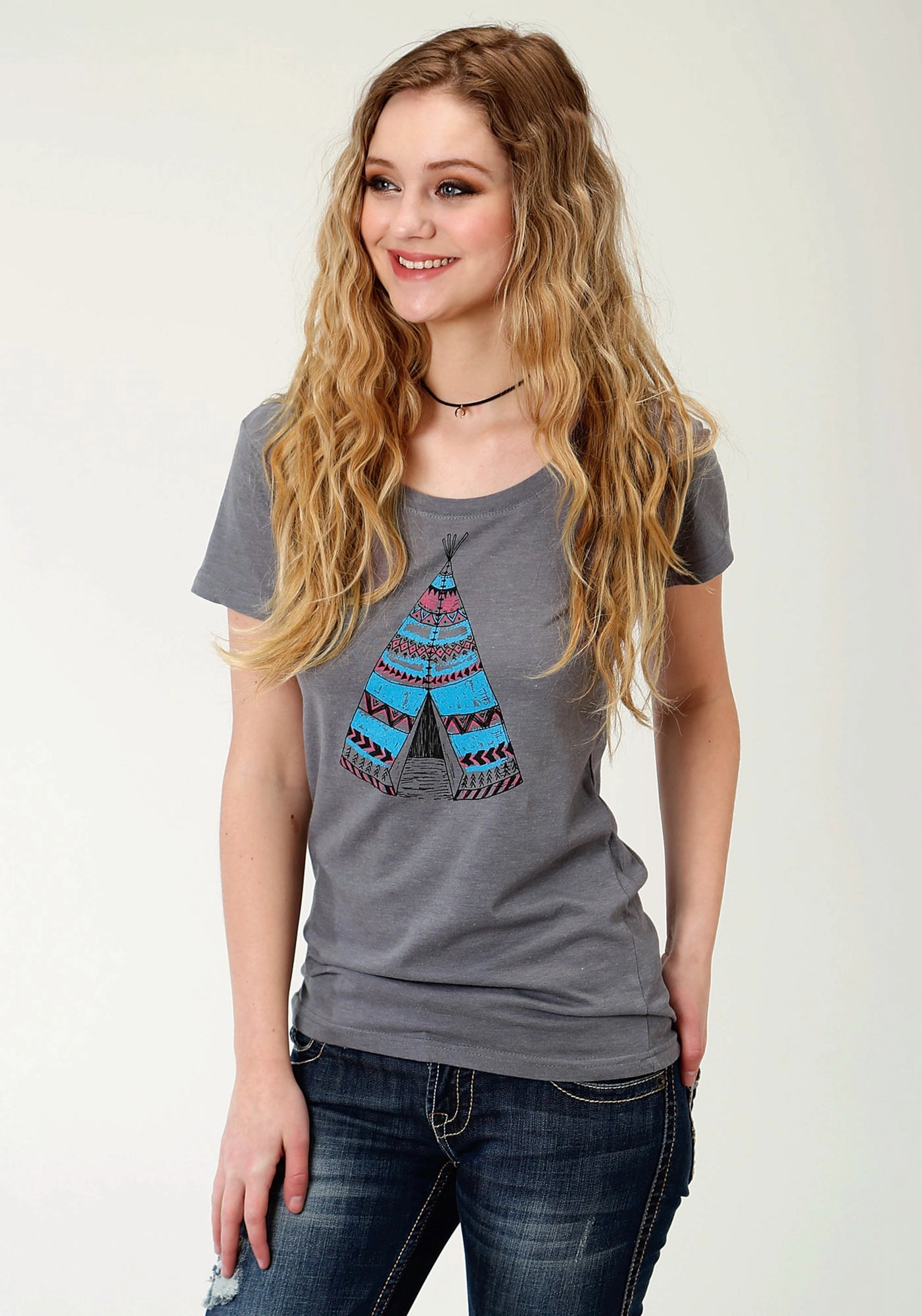 Ergonomic Back Panel Roper Womens Charcoal Gray Cotton Blend Teepee S/S T-Shirt