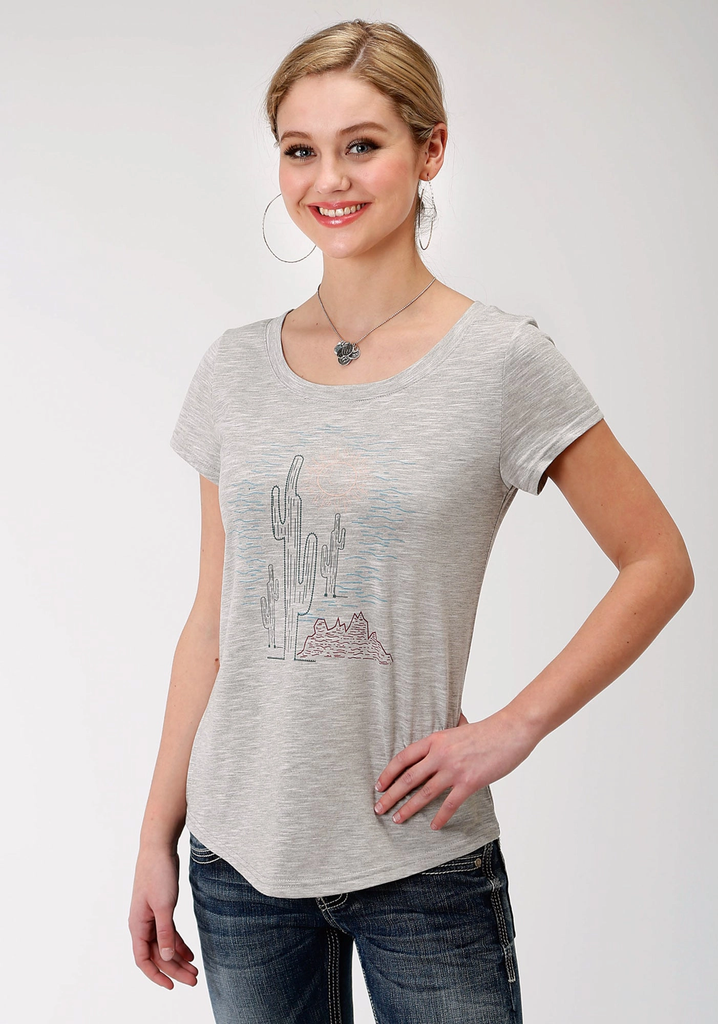 Ventilated Back Panel Moisture Wicking Layer Roper Womens Charcoal Grey Poly/Rayon Cacti S/S T-Shirt