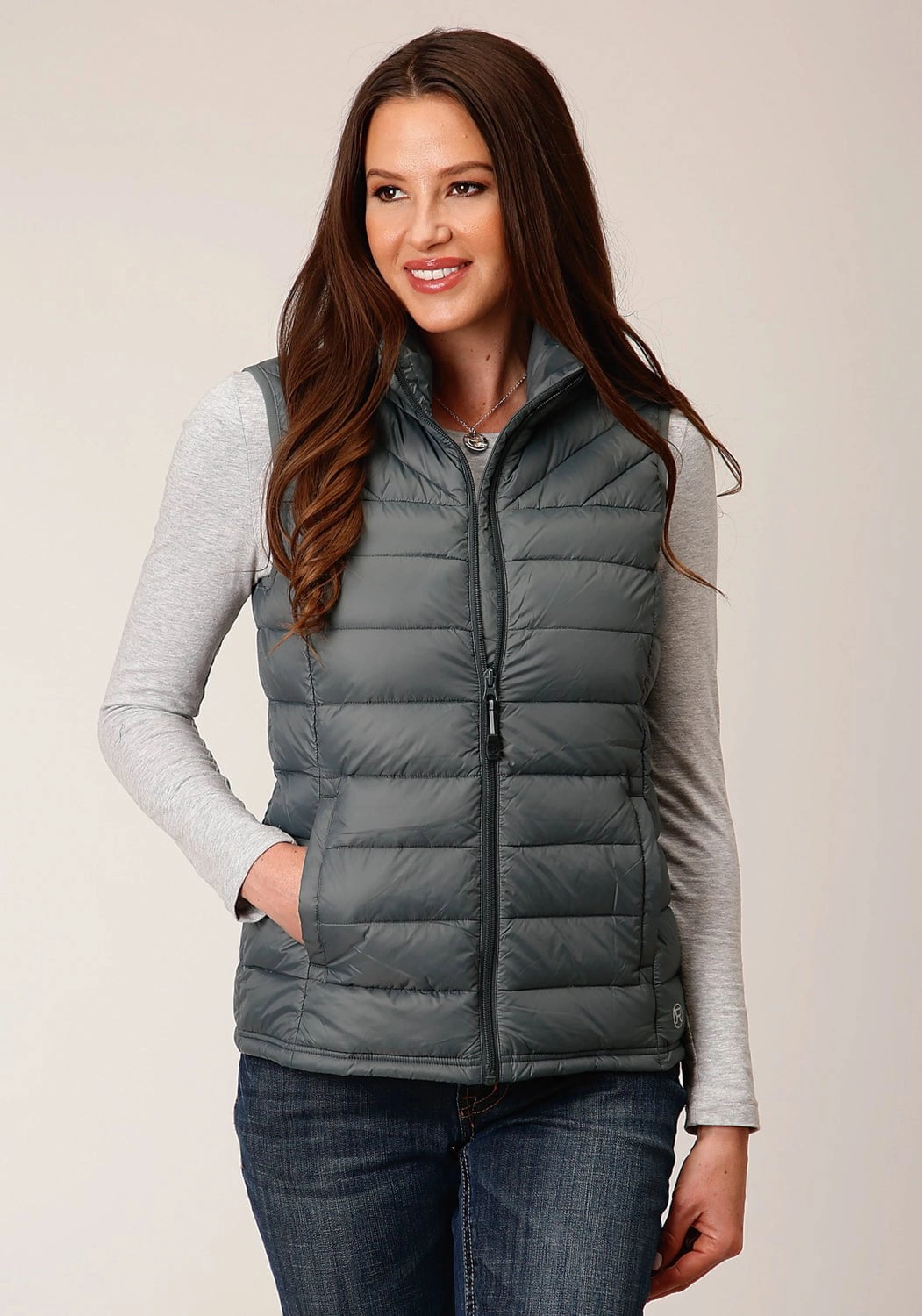 color block Stripe Look Roper Womens Coated Down Filled Silver Sage 100% Nylon Softshell Vest