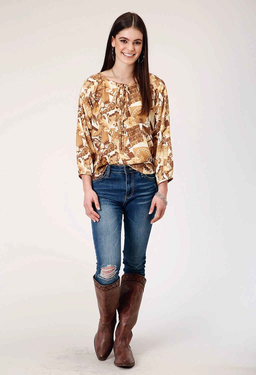 Button Down Design Corporate Event Roper Womens Collage 3/4 Sleeve Brown 100% Rayon L/S Blouse